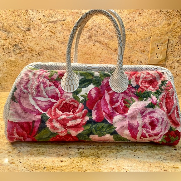 Clever Carriage Cabbage Rose Needlepoint Doctor Satchel - Picture 2 of 8
